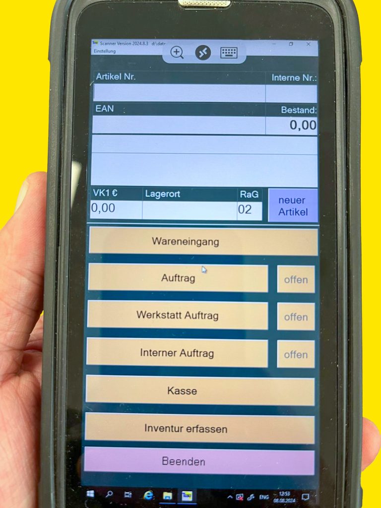 Ansicht eines Handscanners mit Auftragsauswahl